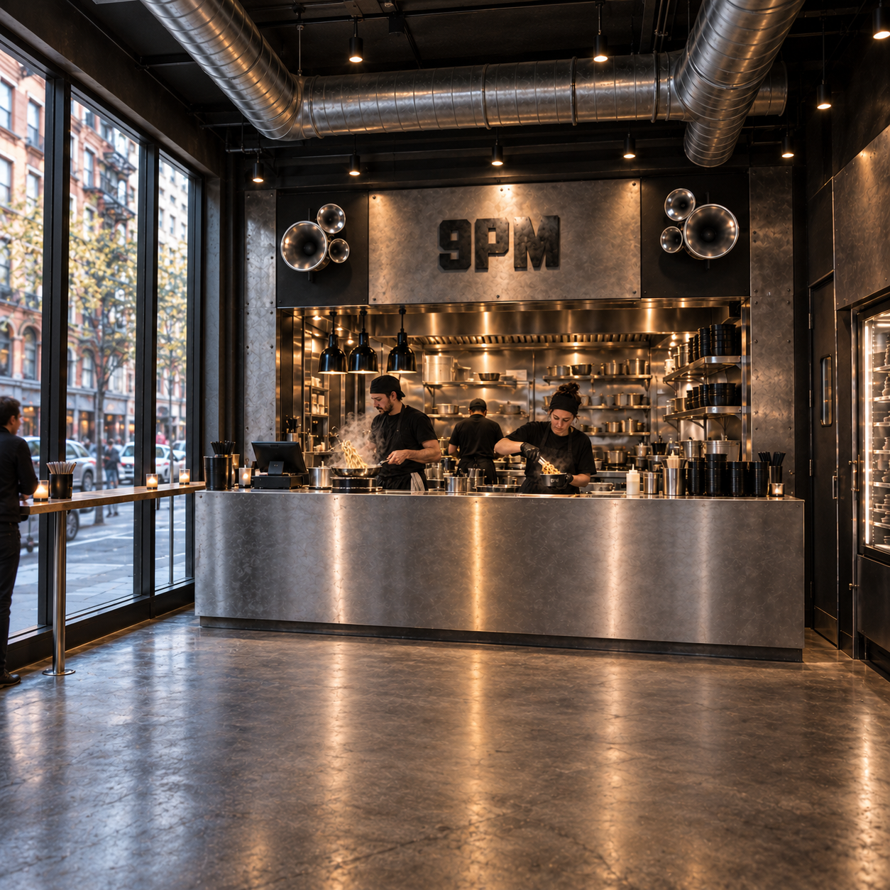 Open kitchen at service, chefs working under industrial lighting