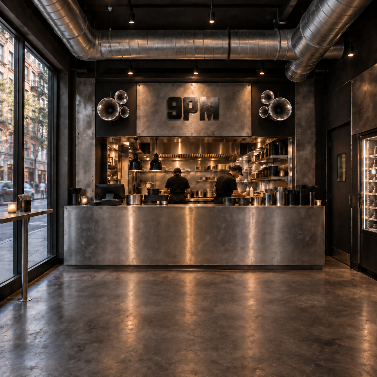 9 PM interior, brushed steel counter and open kitchen, black lettering above