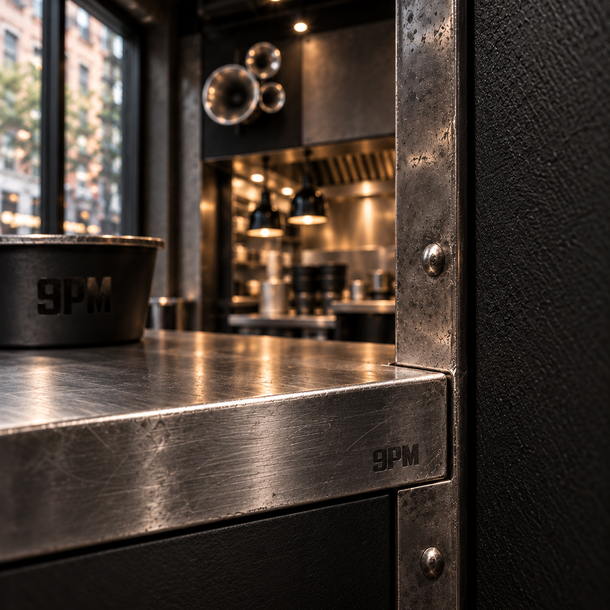Counter detail, raw steel edge with 9PM engraving, black bowl on top