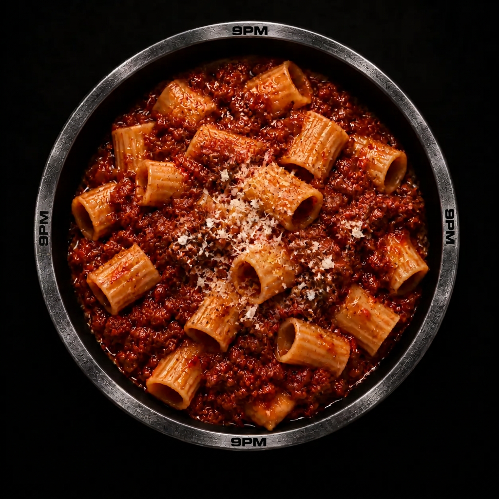 Il Signor Ragù, bowl photographed from above, black background, spotlight