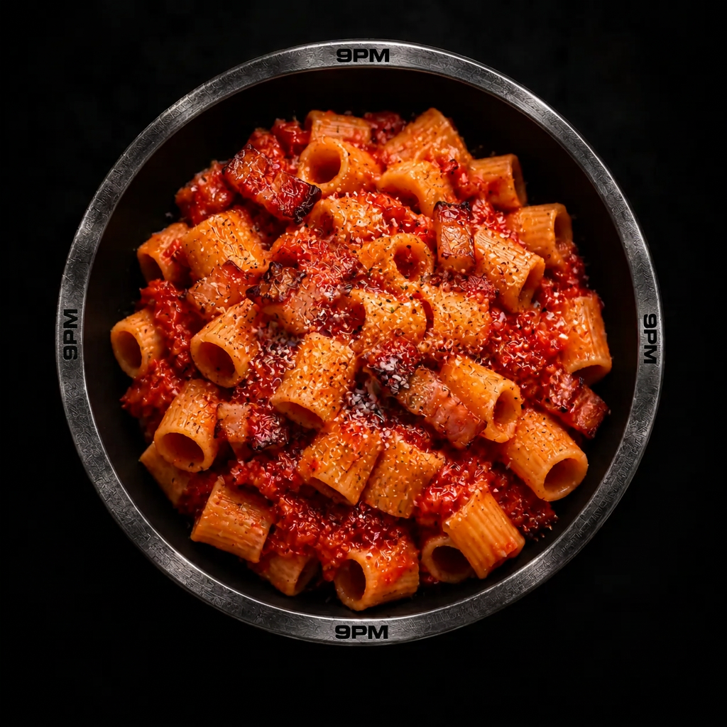 Amatriciana, bowl photographed from above, black background