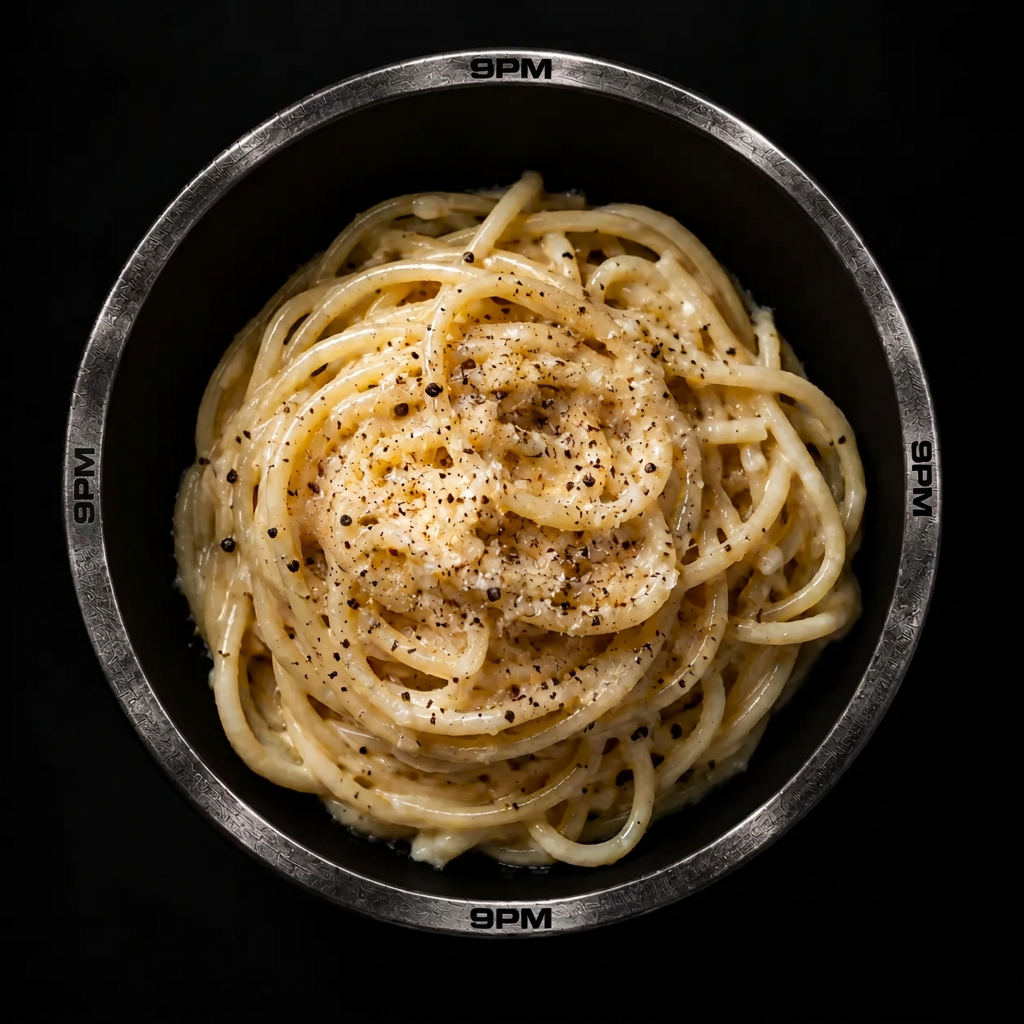 Cacio e Pepe, bowl photographed from above, black background, spotlight