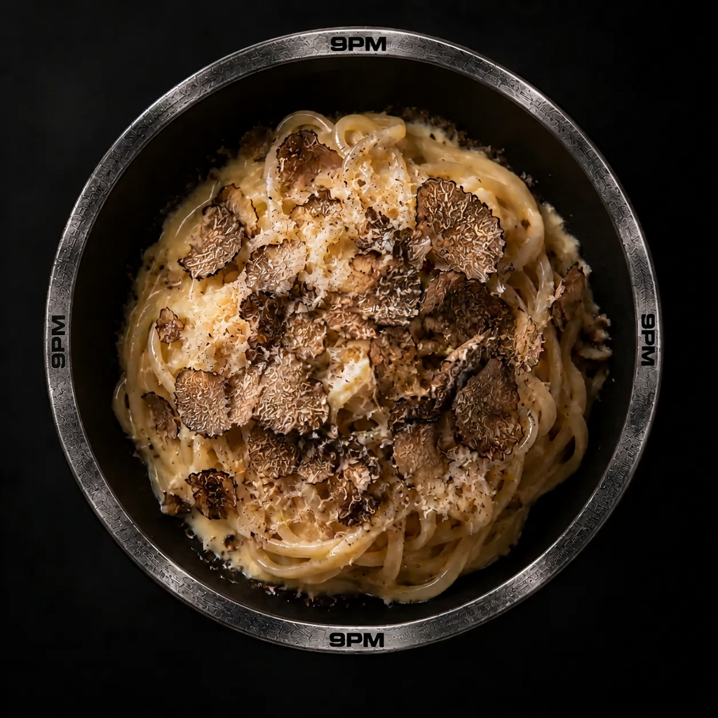 Tartufo, bowl photographed from above, black background, spotlight