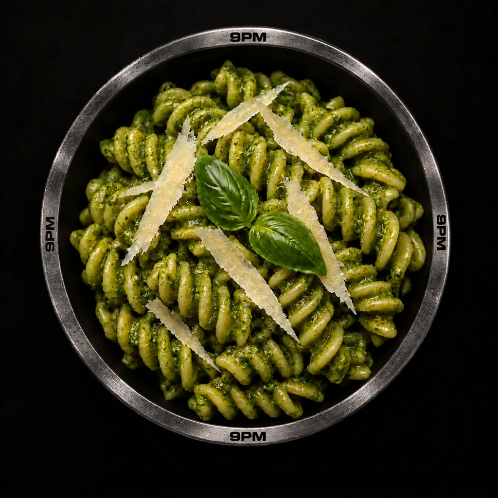 Pesto Maestro, bowl photographed from above, black background, spotlight